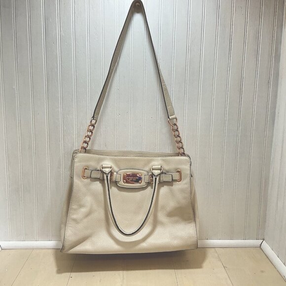 Michael Kors Hamilton Ivory Pebbled Leather Satchel HandbagPurse Shoulder Tote